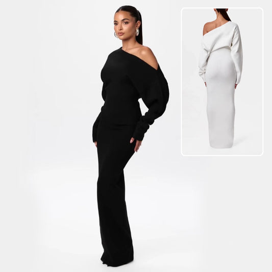 Ins Slim Long Sleeve Knitted Dress Evening Party Sexy Off-shoulder Bodycon Long Dresses