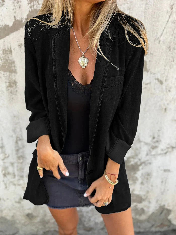 Lapel Shirt Jacket Ins Fashion Solid Color Long-sleeved Denim Top Autumn And Spring Casual Daily Streetwear Women's Clothing